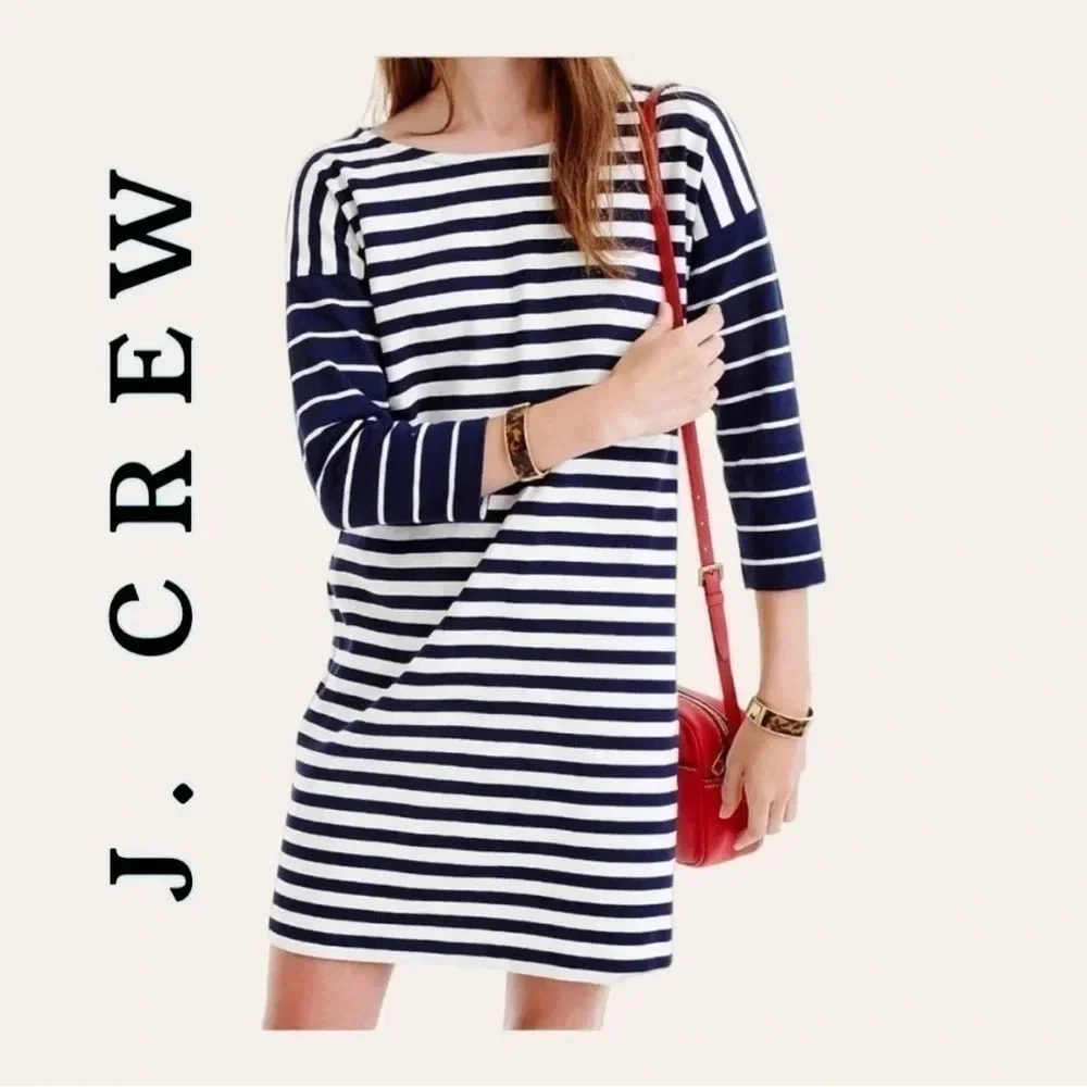 0184W J. CREW 3/4 SLEEVE MINI SHEATH DRESS SIZE‎ SMALL STRIPES NAVY BLUE/WHITE